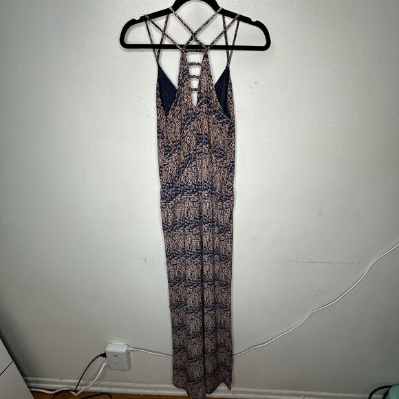 Fora Tan & Navy Front Button Strappy Decorative Back Wide Leg Jumpsuit Small - Picture 6 of 16